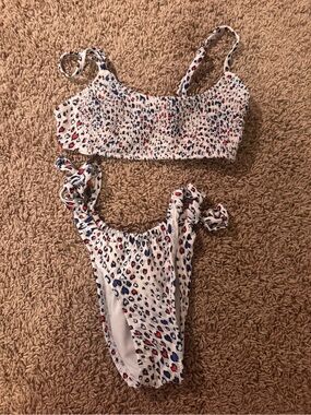 Target White Smocked Bikini Set with Red & Blue Leopard Print